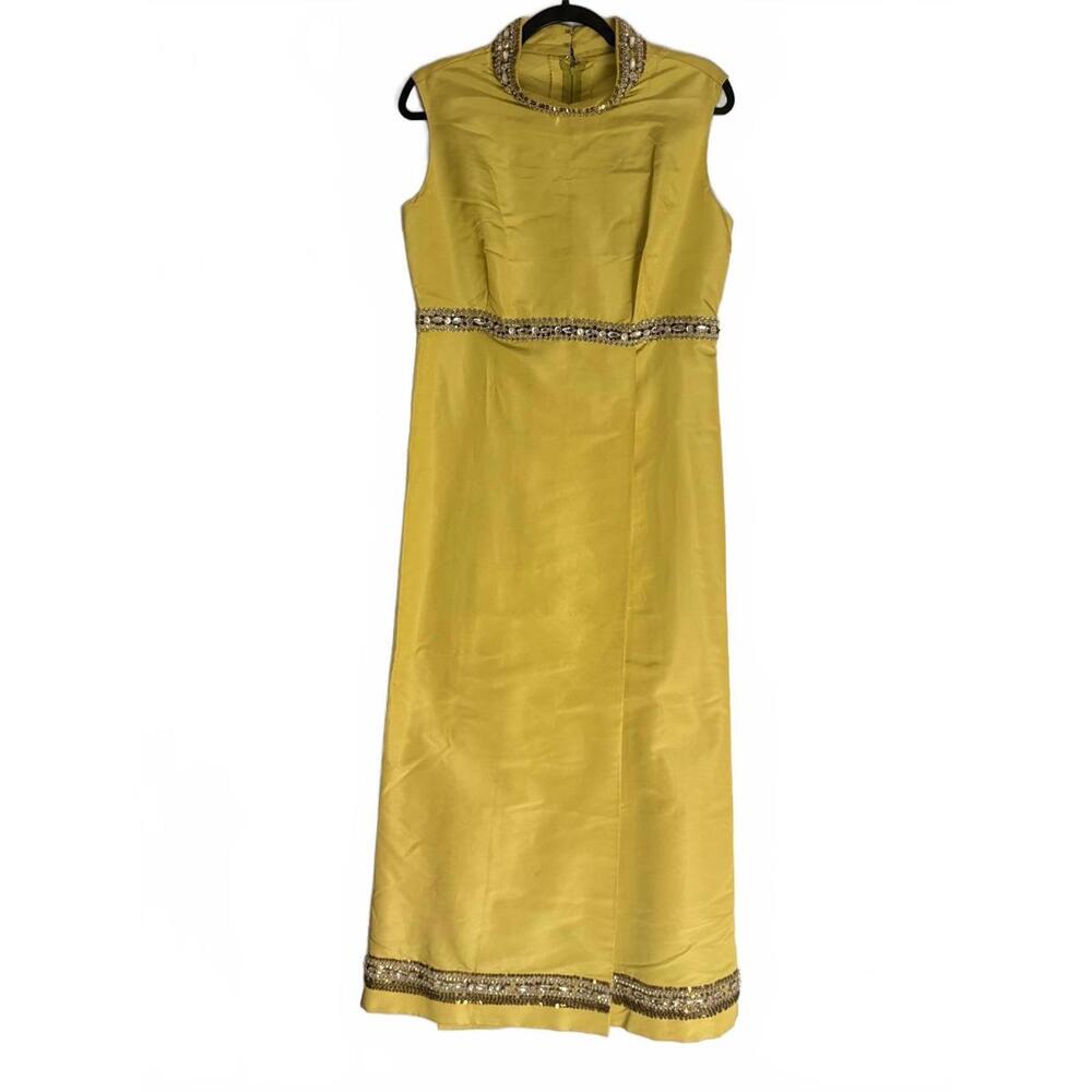 Vintage 1960s Yellow Silver Embroidered Beaded Empire Waist Column Gown Medium